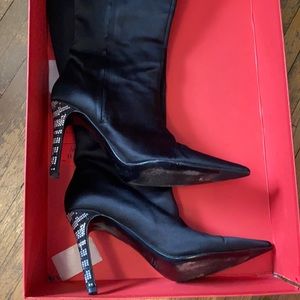 Valentino black satin tall boots Swarovski heel